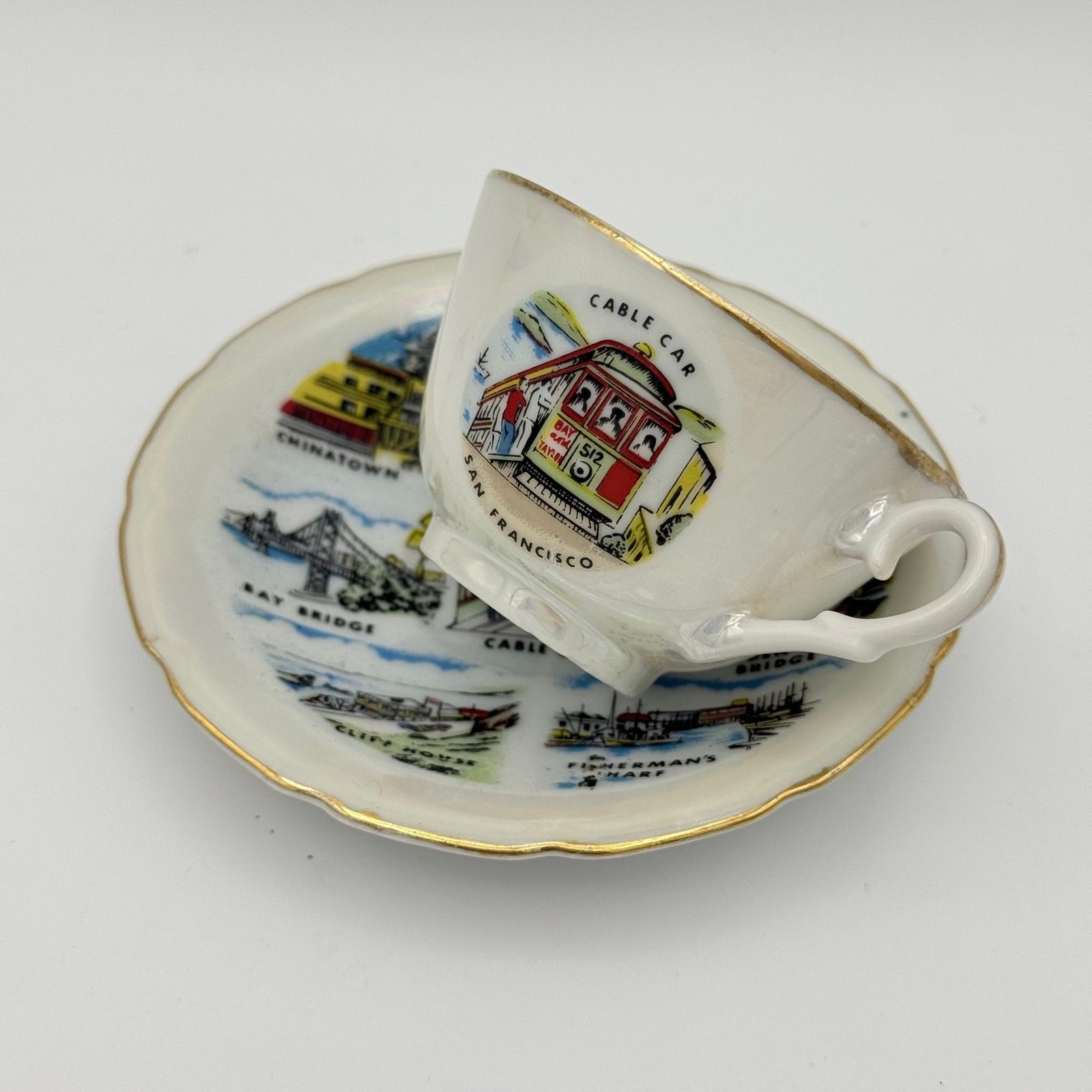 Vintage San Francisco Souvenir Mini Teacup Saucer Cable Car Landmarks 2 Pc