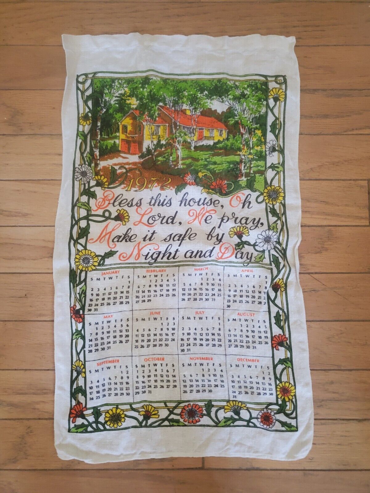 vintage 1972 Towel Linen Dishcloth Calendar Bless this house Lord