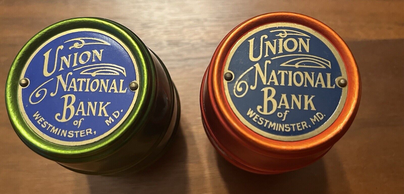 2 Vintage Union National Bank MD Coin Barrel Banks