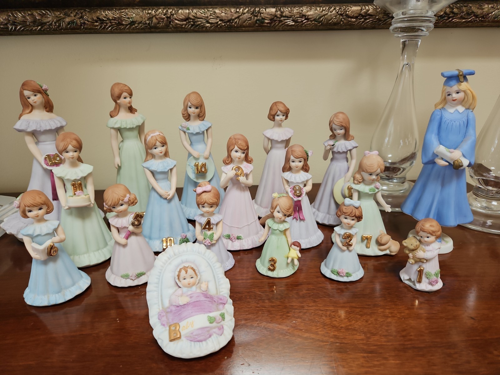 Enesco Growing Up Birthday Girls Full 18 Pc Set Brown Hair Graduation & Baby Vtg