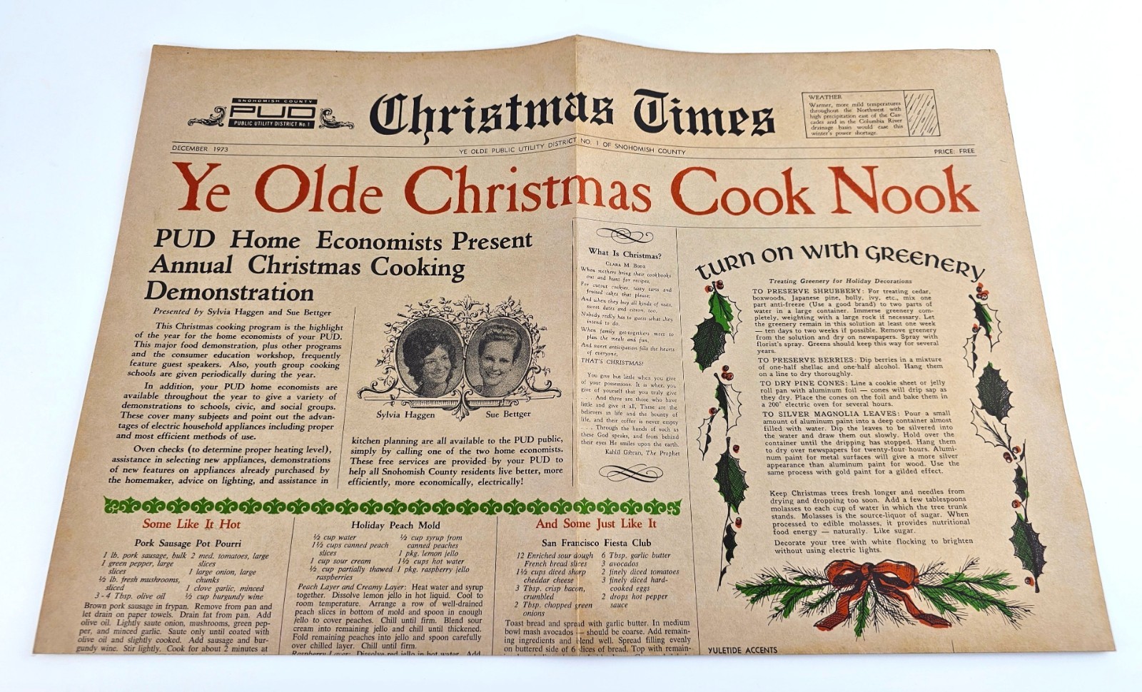 Vintage 1973 Snohomish County Washington Christmas Times Newspaper Recipes Cook