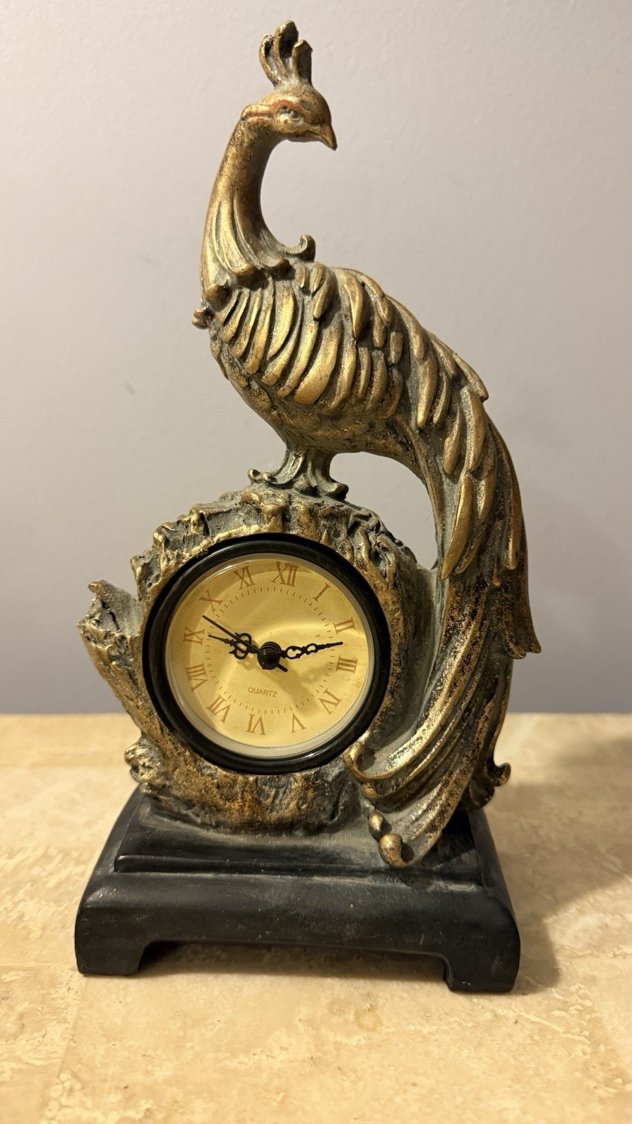 Vintage Elegant Quartz Peacock 9.5” Mantelpiece Table Clock Resin Works Great