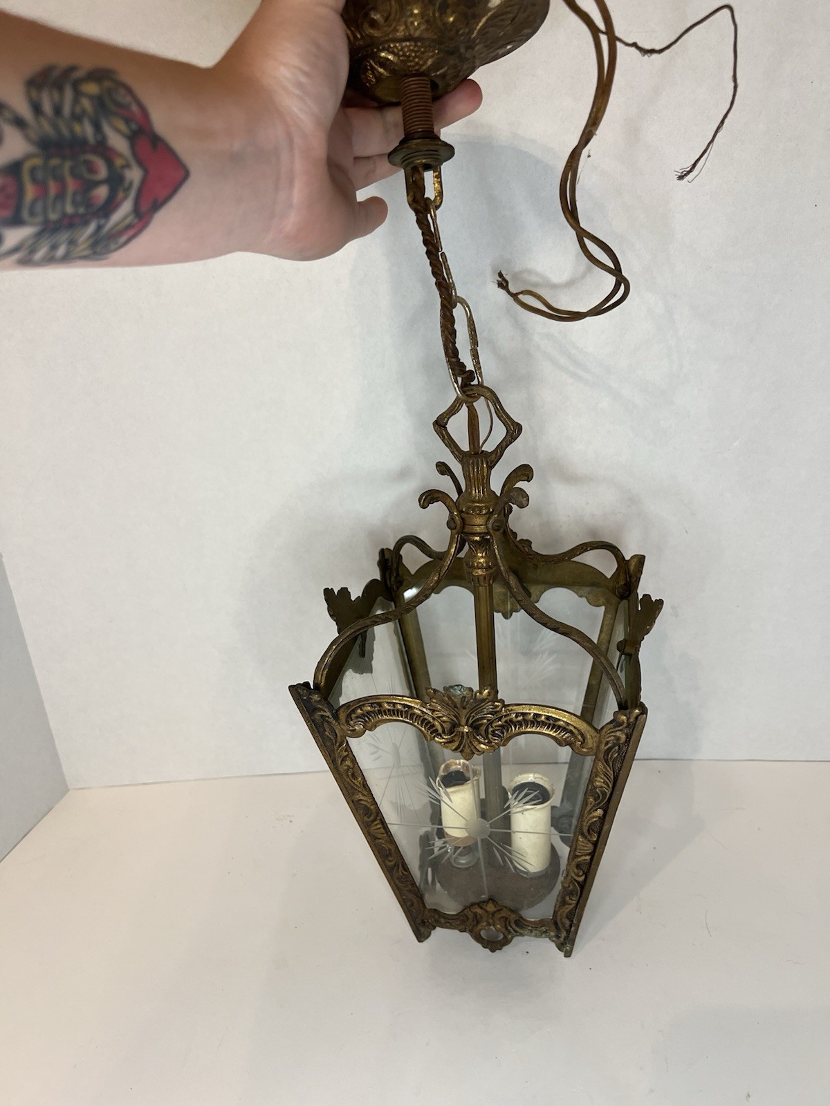 VTG 1930s Hollywood Regency Ornate Baroque Lantern Style Brass Pendant Ceiling