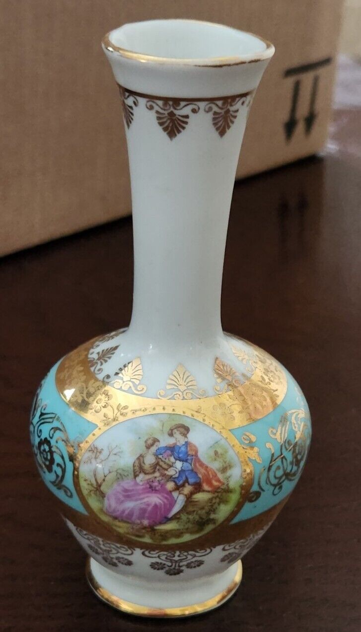 Vintage German Bavaria Vase White Blue Gold Design & Trim Couple Courting 5.5in 