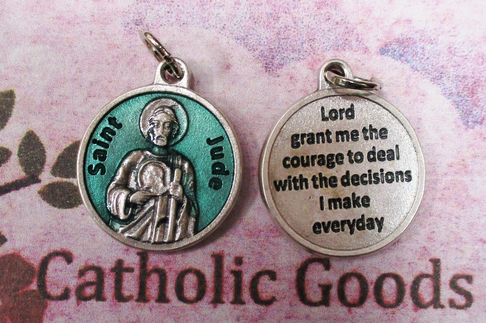 Saint St Jude + Prayer - Green Enamel - Silver Tone Round- Medal 