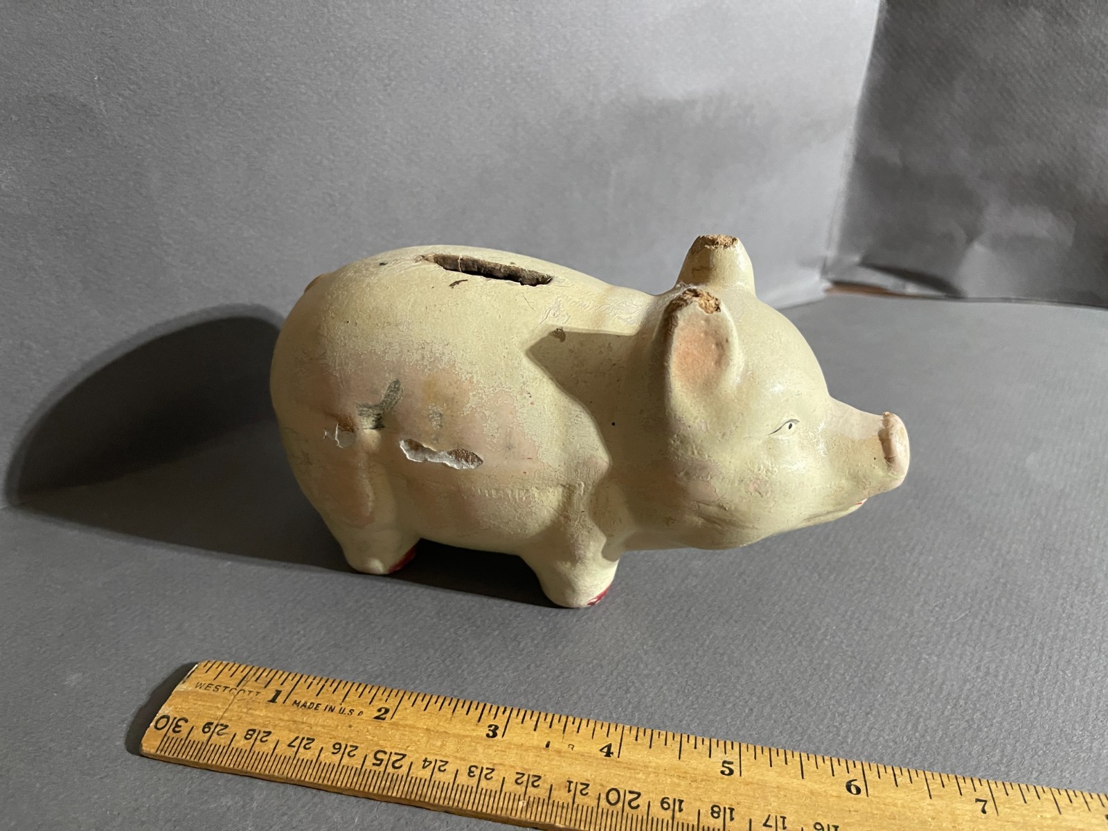 VINTAGE PIGGY BANK WOOD CARVED PIG MADE IN USA