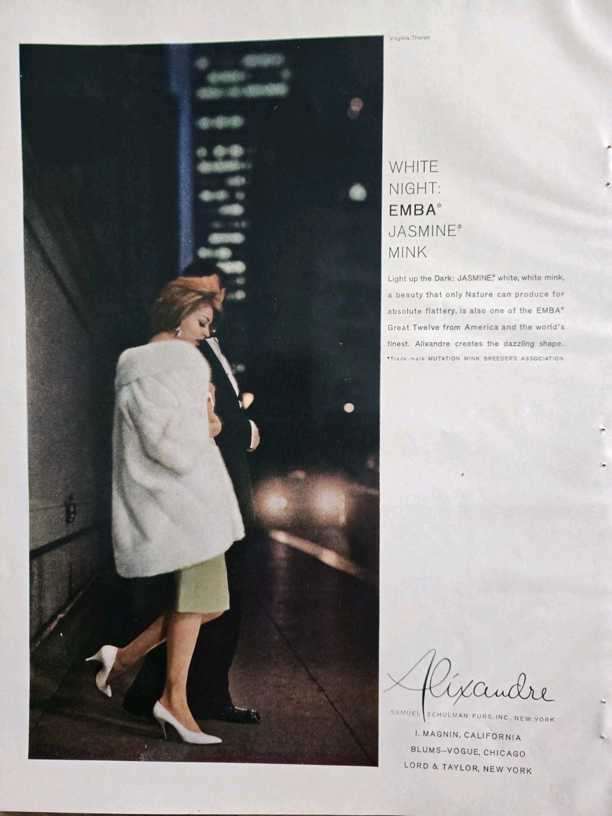 1961 Women\'s White Night EMBA Jasmine Mink fur coat Alixandre vintage Ad 