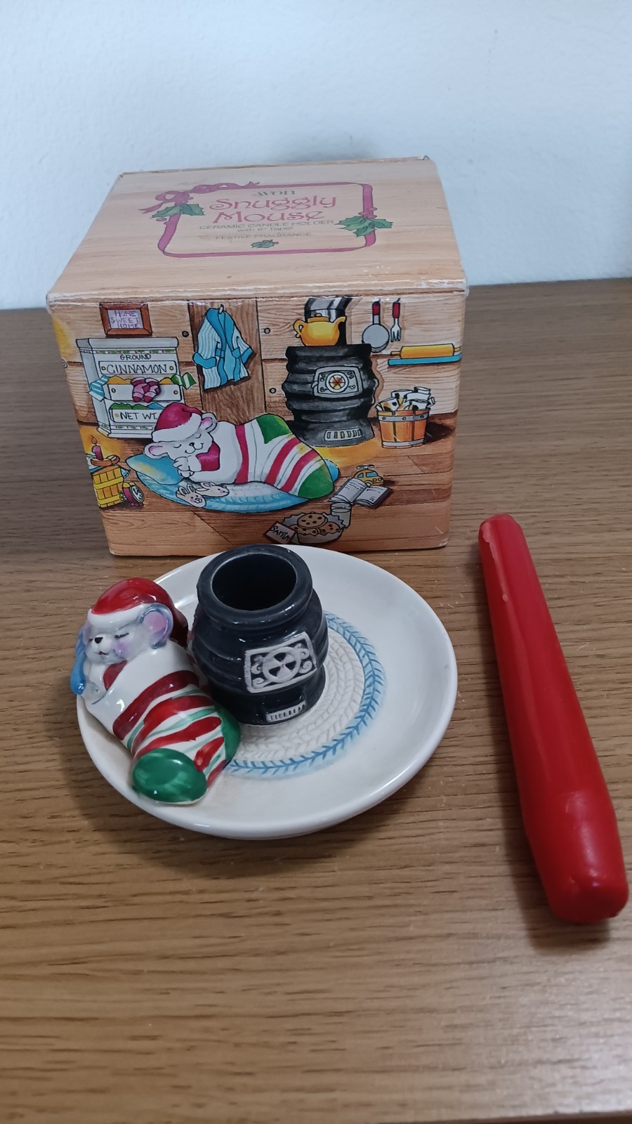 Vintage Avon Snuggly Mouse Ceramic Candle Holder 1983 In Original Box