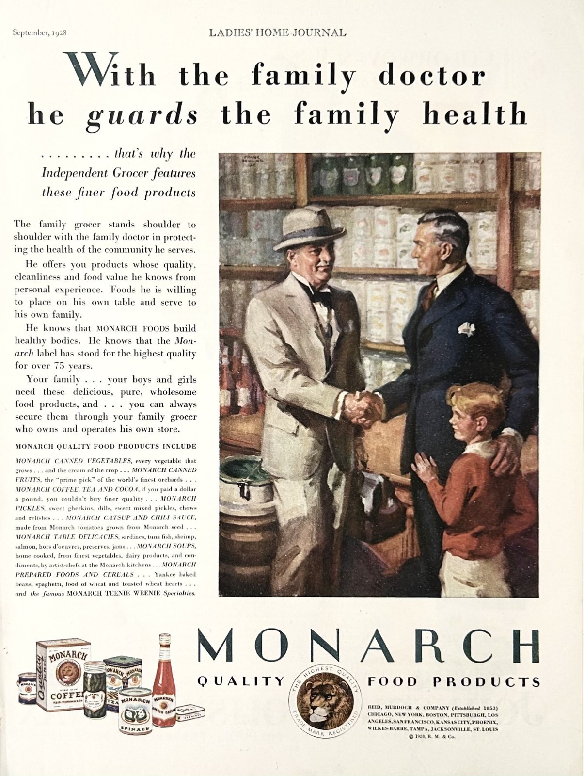 1928 Ad Reid, Murdoch & Co Chicago Monarch Quality Food Products Family Grocer