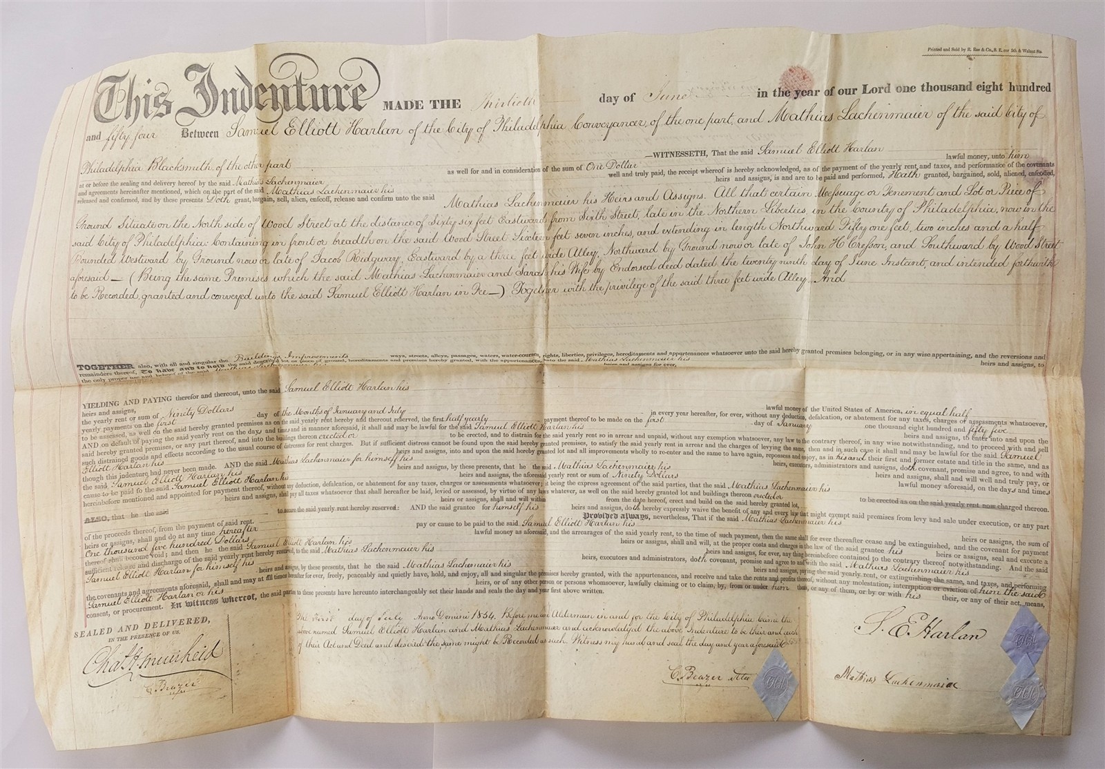 1854 antique DEED SAM ELLIOT HARLAN to MATHIAS LACHENMAIER philadelphia pa