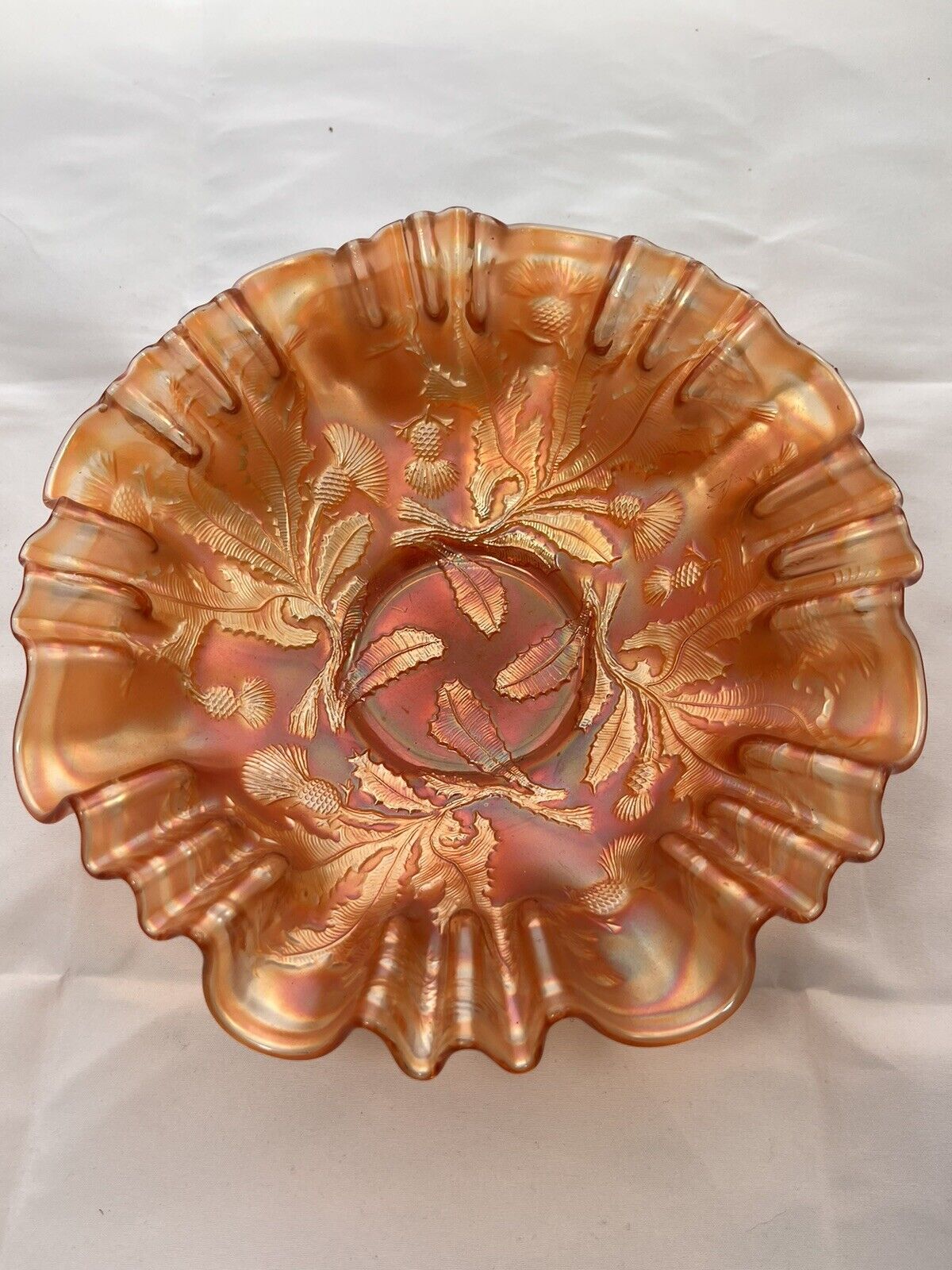 Fenton Dark Marigold Carnival Glass Thistle Pattern Beautiful Bowl