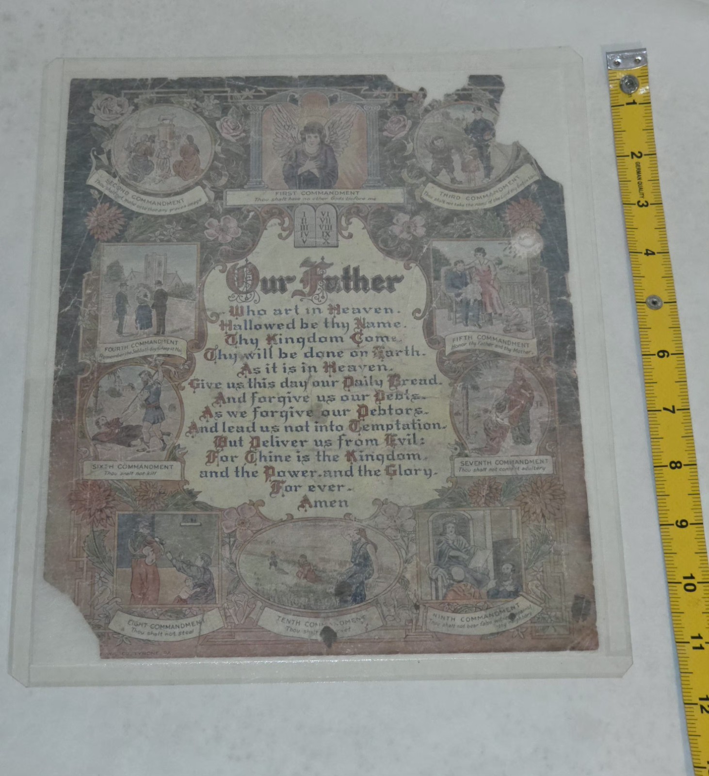 Antique 1925 Lords Prayer Ten Commandments Lithograph Print WC CoTyrone PA AS IS