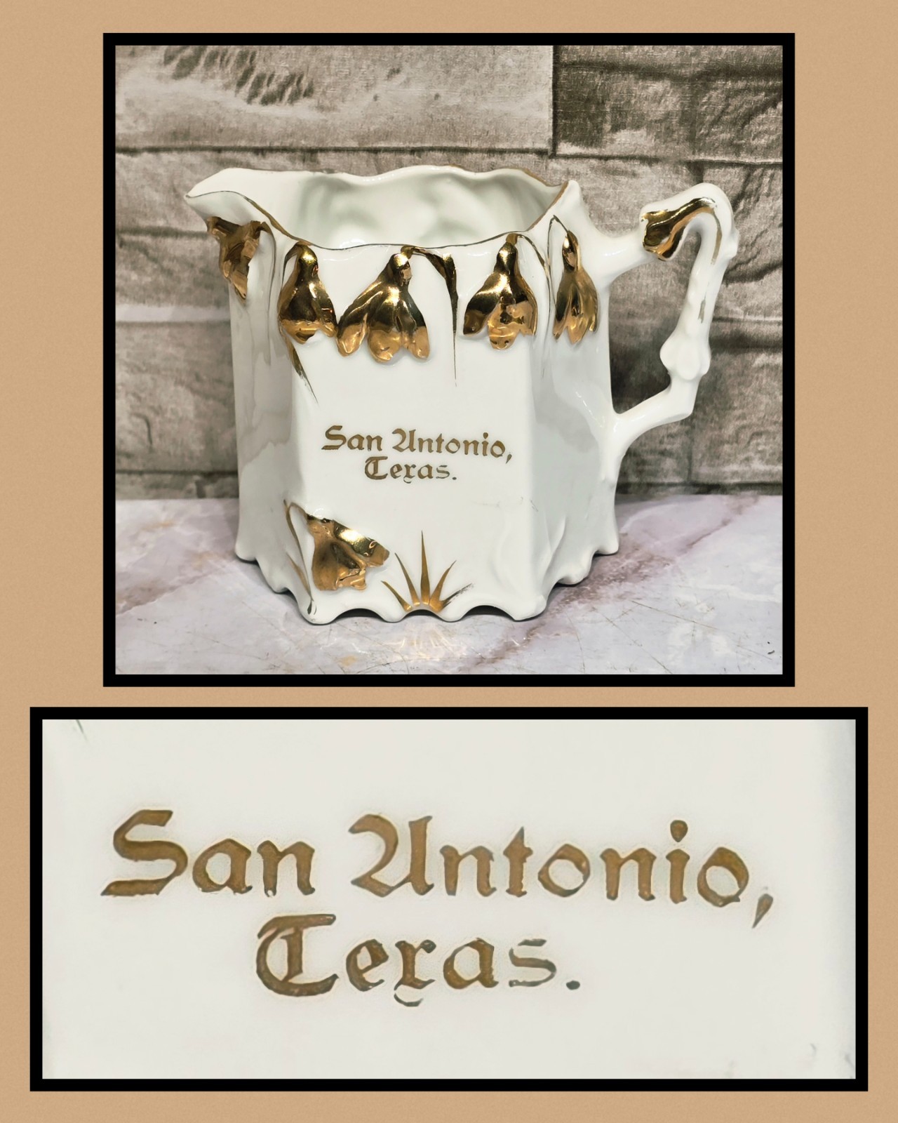 Antique C1900 San Antonio Texas Souvenir Porcelain Pitcher German Gold Accents