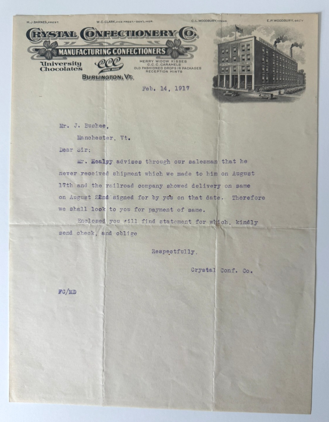Vtg 1917 Letterhead Burlington VT Crystal Confectionery University Chocolates