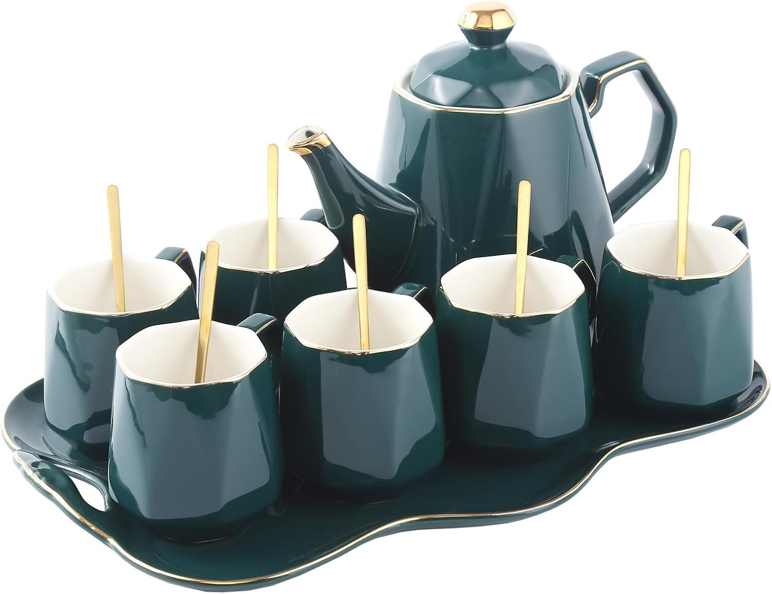 DUJUST 14 pcs Tea Set of 6 with Tray & Spoons, Modern Diamond Design Tea/Coffee