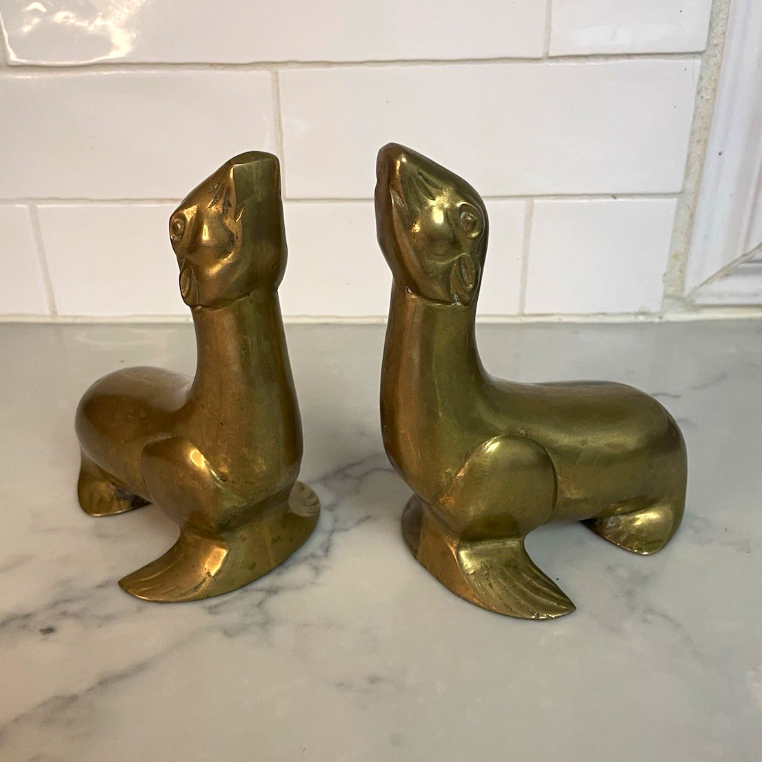 Pair Vintage Solid Brass Sea Lion Figurines Seal Animal Figurine Set