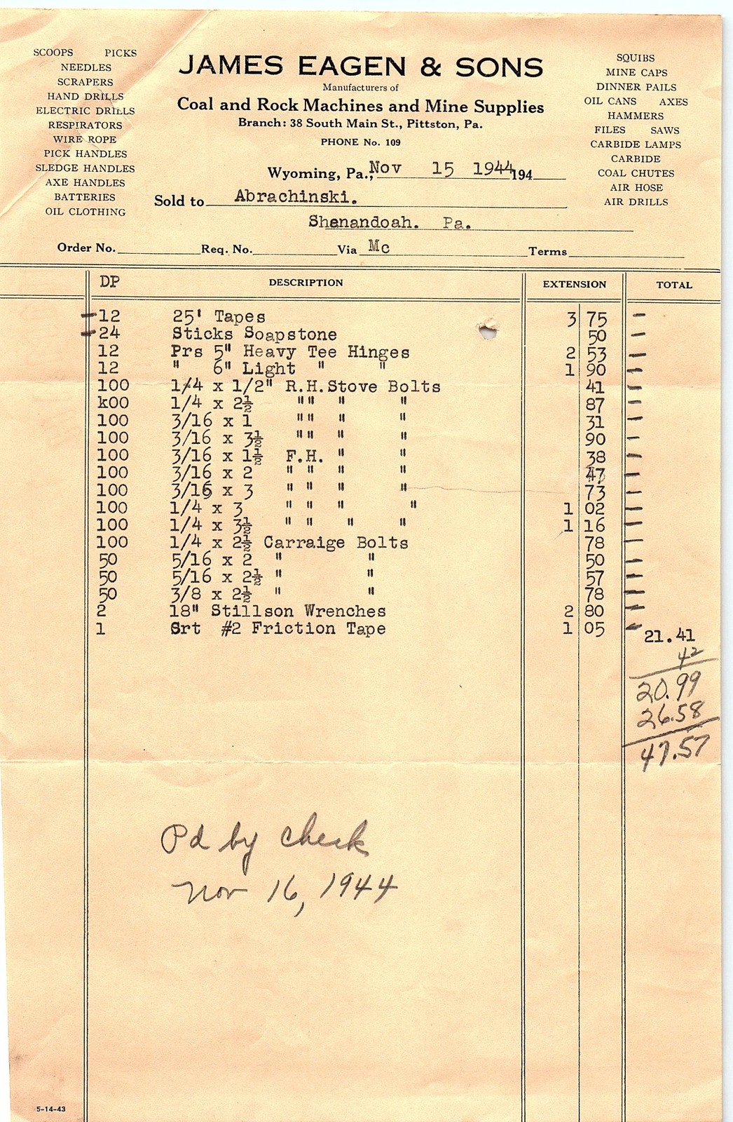 1944 James Eagen & Sons PA mine supplies billhead