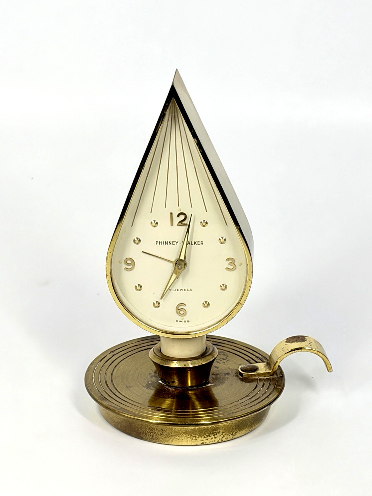Vintage Swiss Phinney Walker Brass Alarm Clock 7 Jewels Flame Drop Candlestick