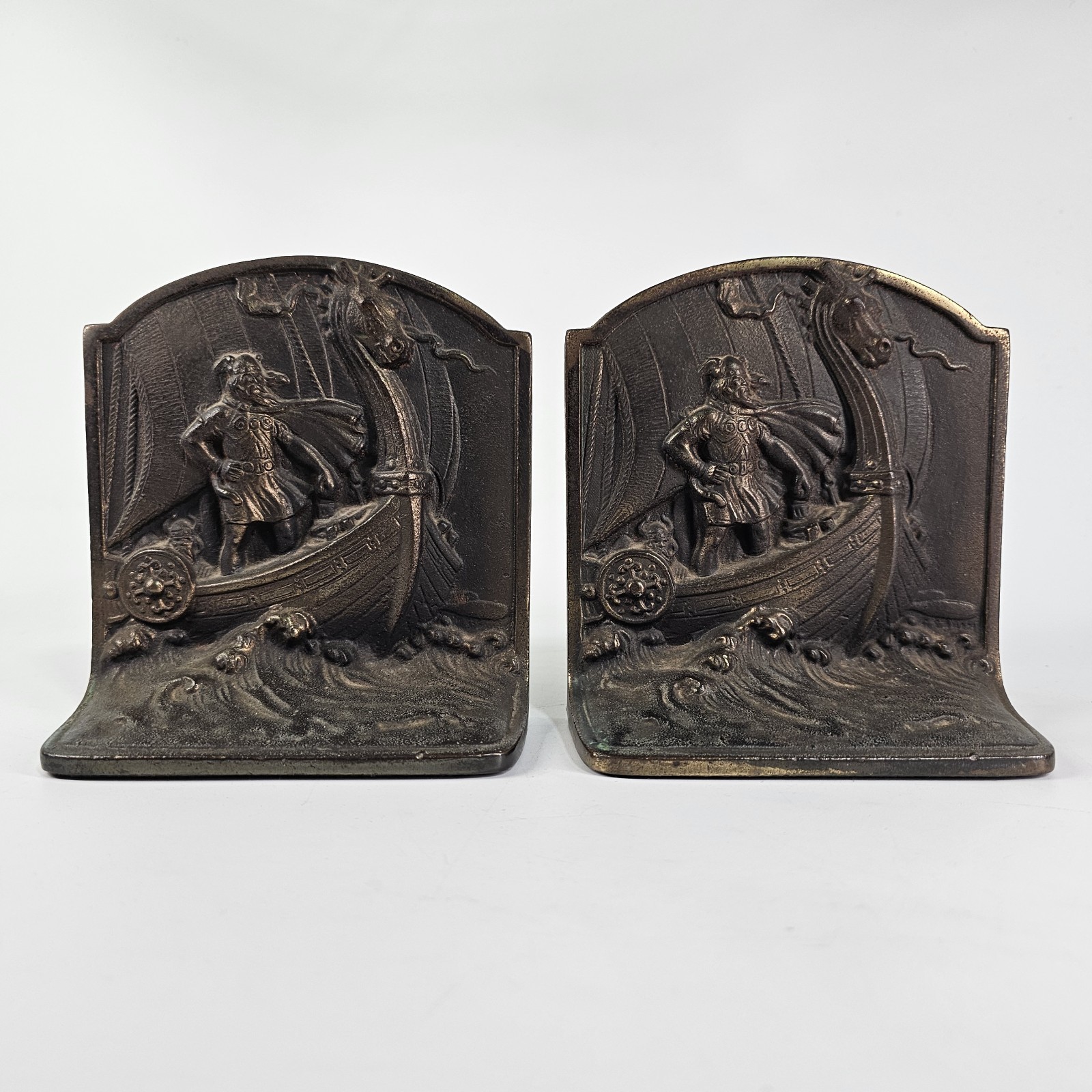 Vtg Nordic Bookends Bronzed Cast Metal Viking Warrior Rustic European Heavy Set Vtg Nordic Bookends Bronzed Cast Metal Viking Warrior Rustic European Heavy Set