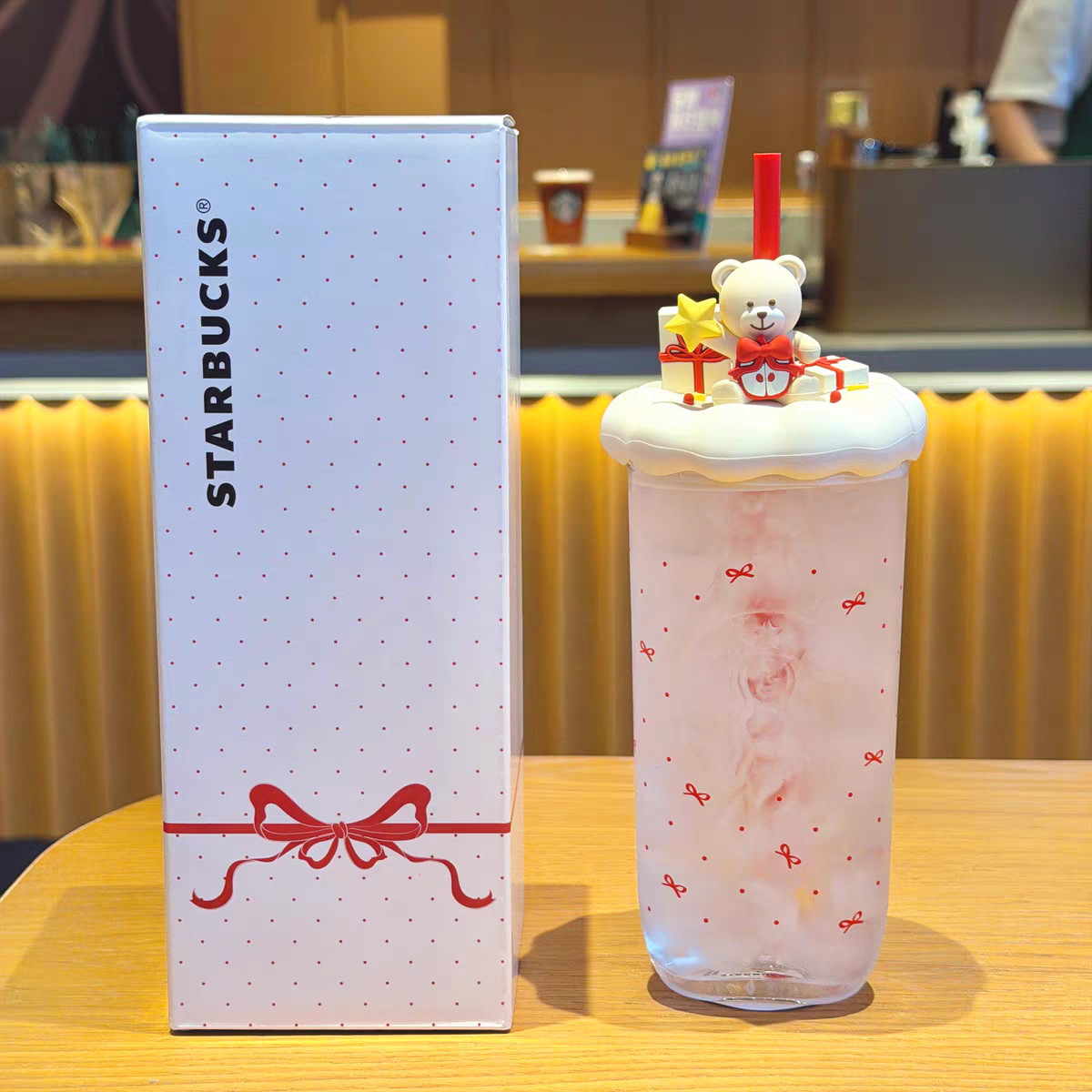 NEW Starbucks Christmas Bear Triangle Tumbler 18oz Red Bow Design with 3D Topper NEW Starbucks Christmas Bear Triangle Tumbler 18oz Red Bow Design with 3D Topper