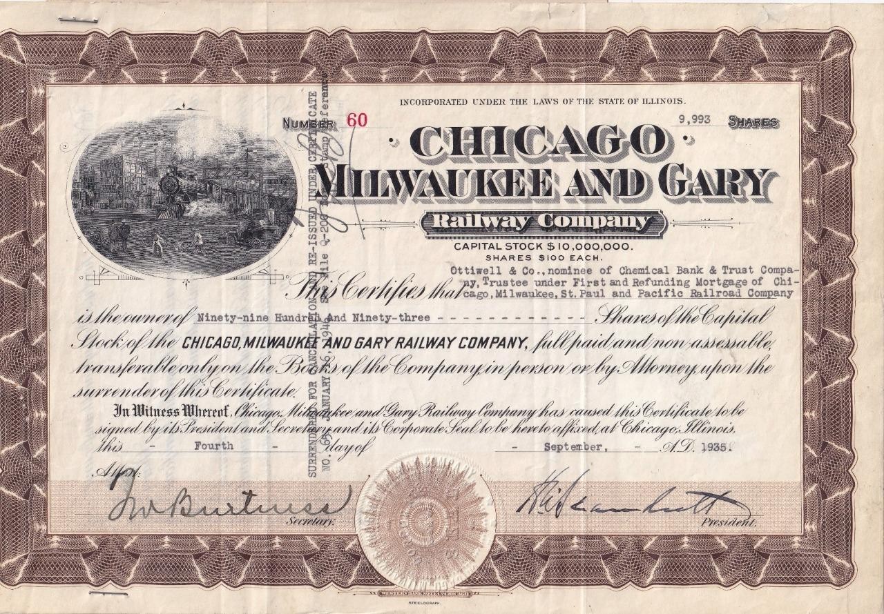 1935 Chicago, Milwaukee & Gary Railroad capital stock certificate