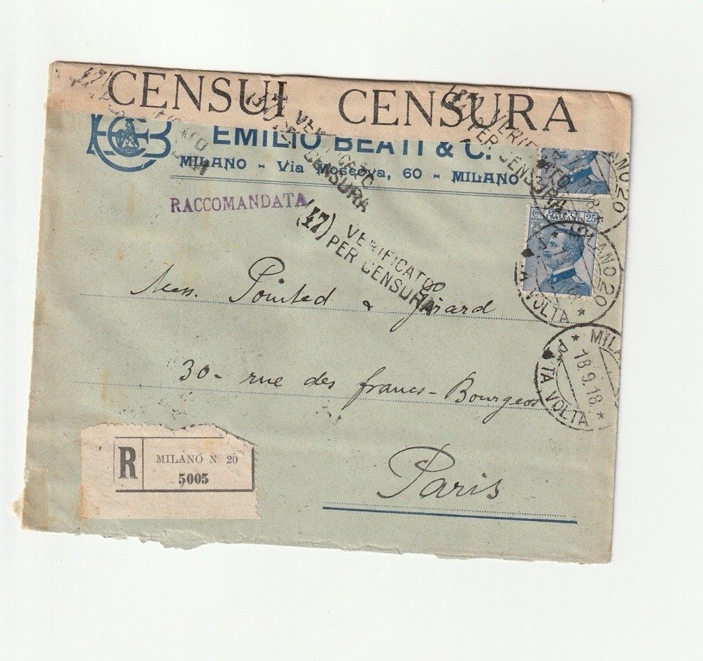 WW1 1918 Italy Milan Paris Censored Letter Recommended CENSURA WW1 1918 Italy Milan Paris Censored Letter Recommended CENSURA