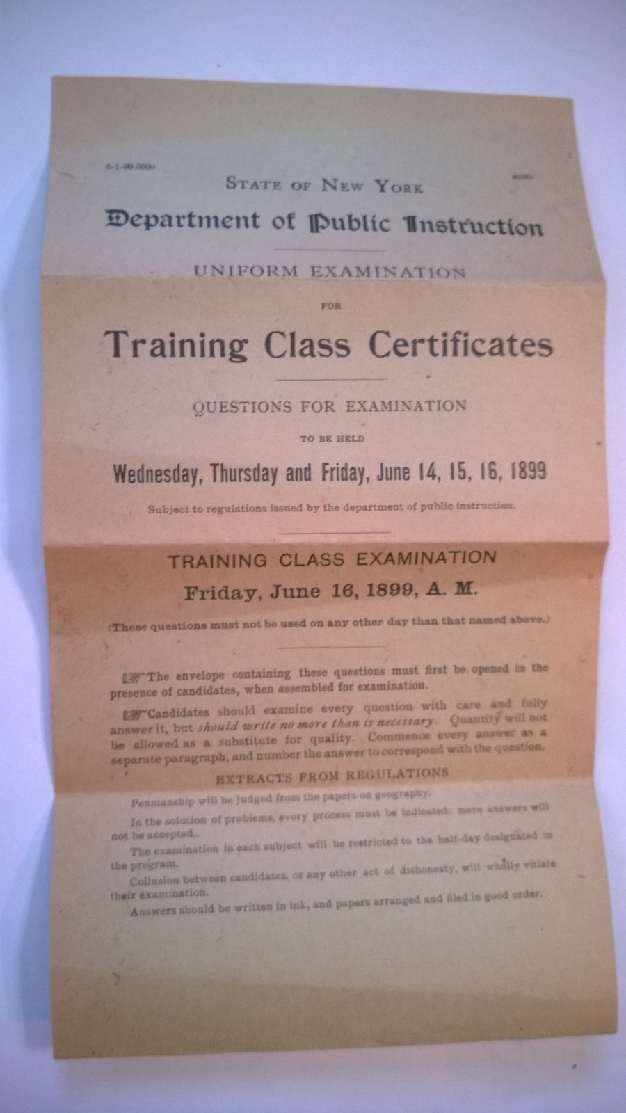 ANTIQUE STATE OF NEW YORK,DEPARTMENT OF PUBLIC INSTRUCTIONS UNIFORM EXAMINA 1899