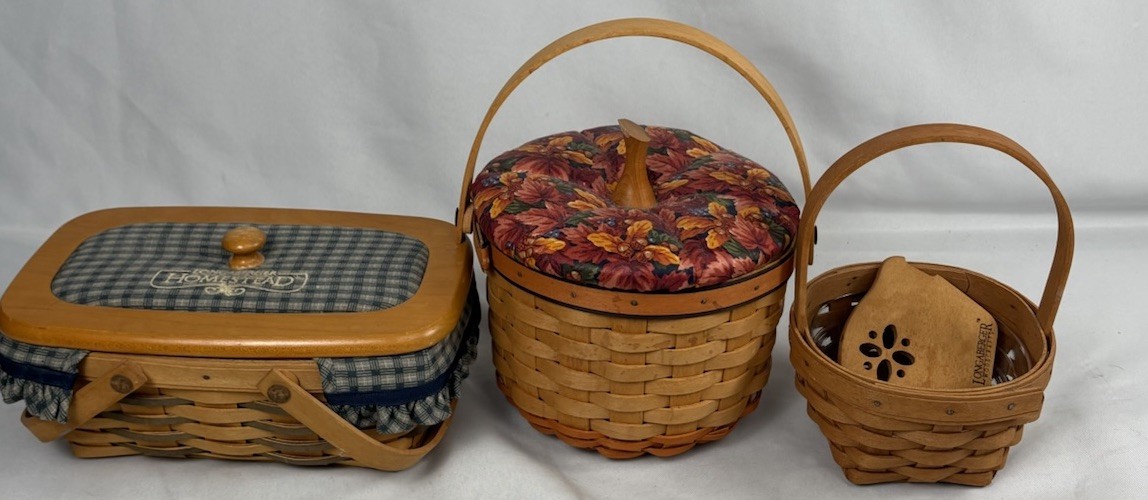lot of 3 Vintage Longaberger baskets 2 with lids and inserts