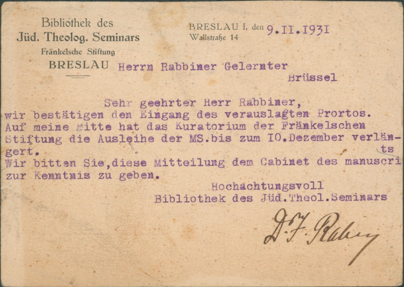 1931 BRESLAU JEWISH SEMINARY MANUSCRIPT LOAN BRUSSELS PRE-NAZI KRISTALLNACHT