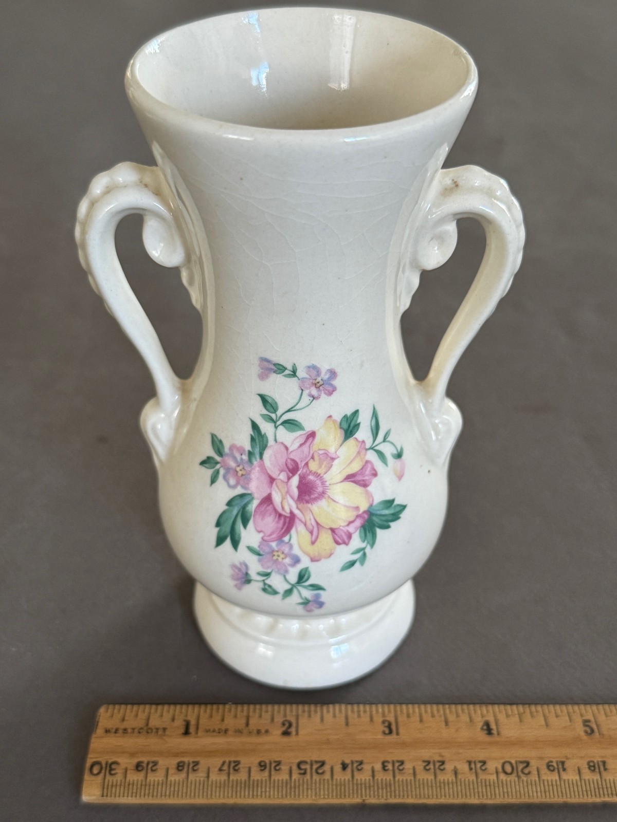 ROYAL COPLEY PINK FLOWER DOUBLE HANDLED CERAMIC URN VASE VINTAGE