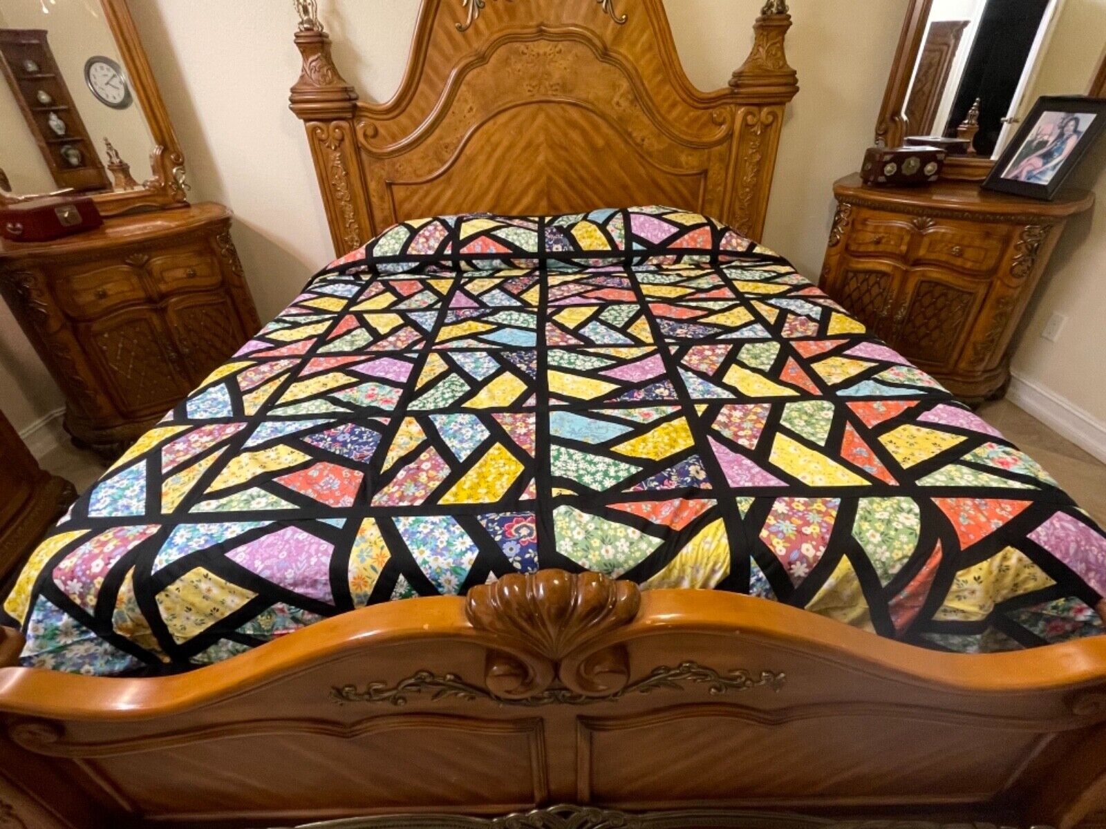 Over king Size Machine pieced Stain Glass  patchwork  quilt top