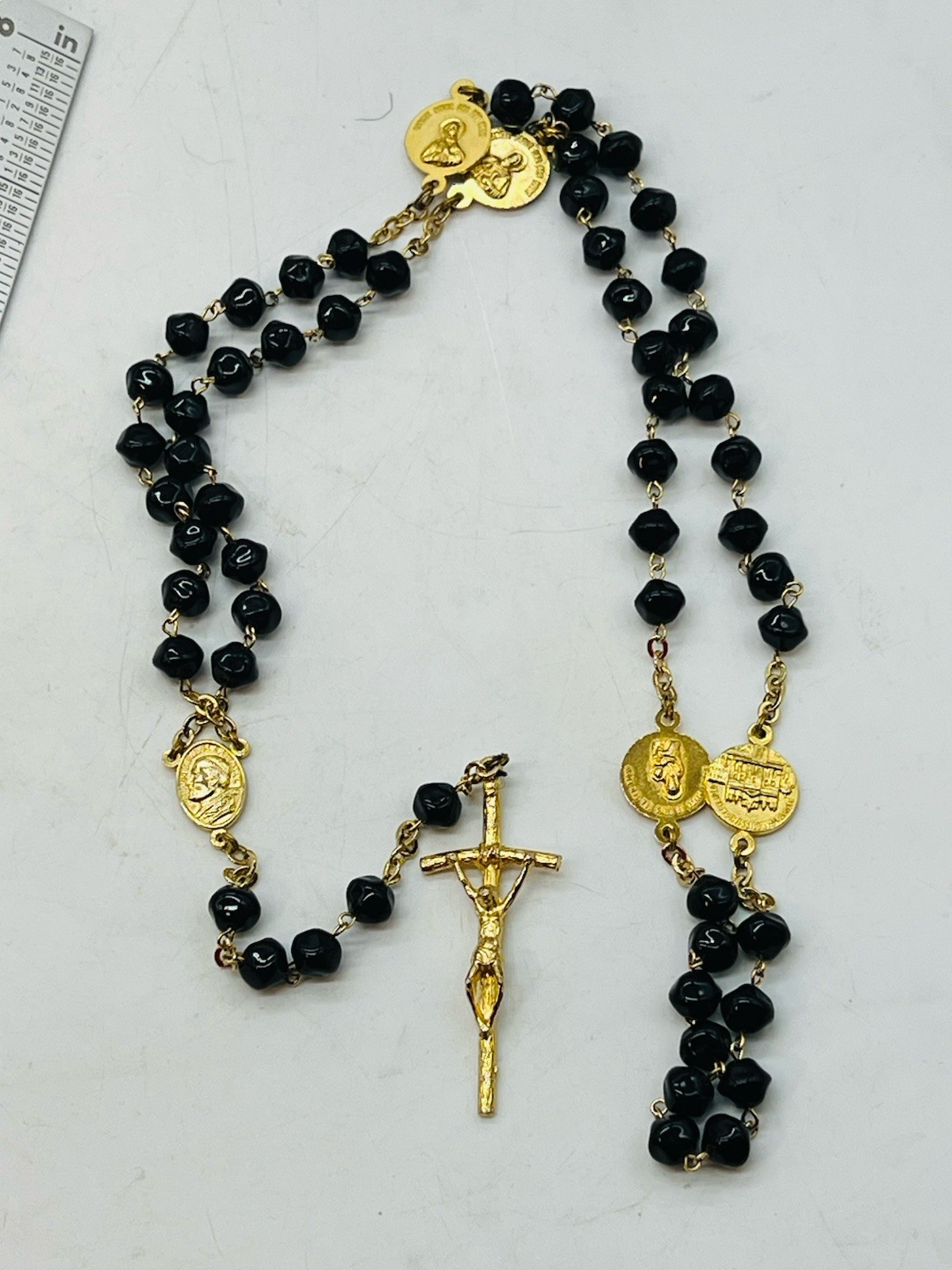 Vintage Italian Rosary Saint Roman Site Medallions Stations Black Bead Gold Tone