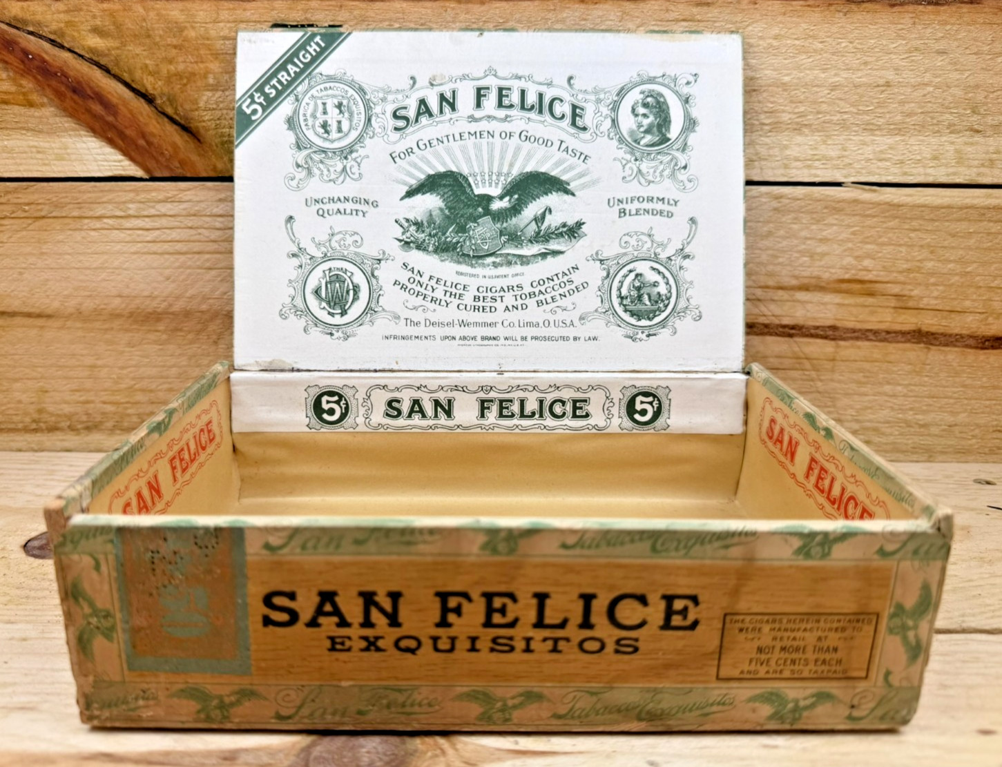 Nice Vtg Antique c1926 San Felice Wood Cigar Box Ohio/ Waterloo Iowa Tobacciana