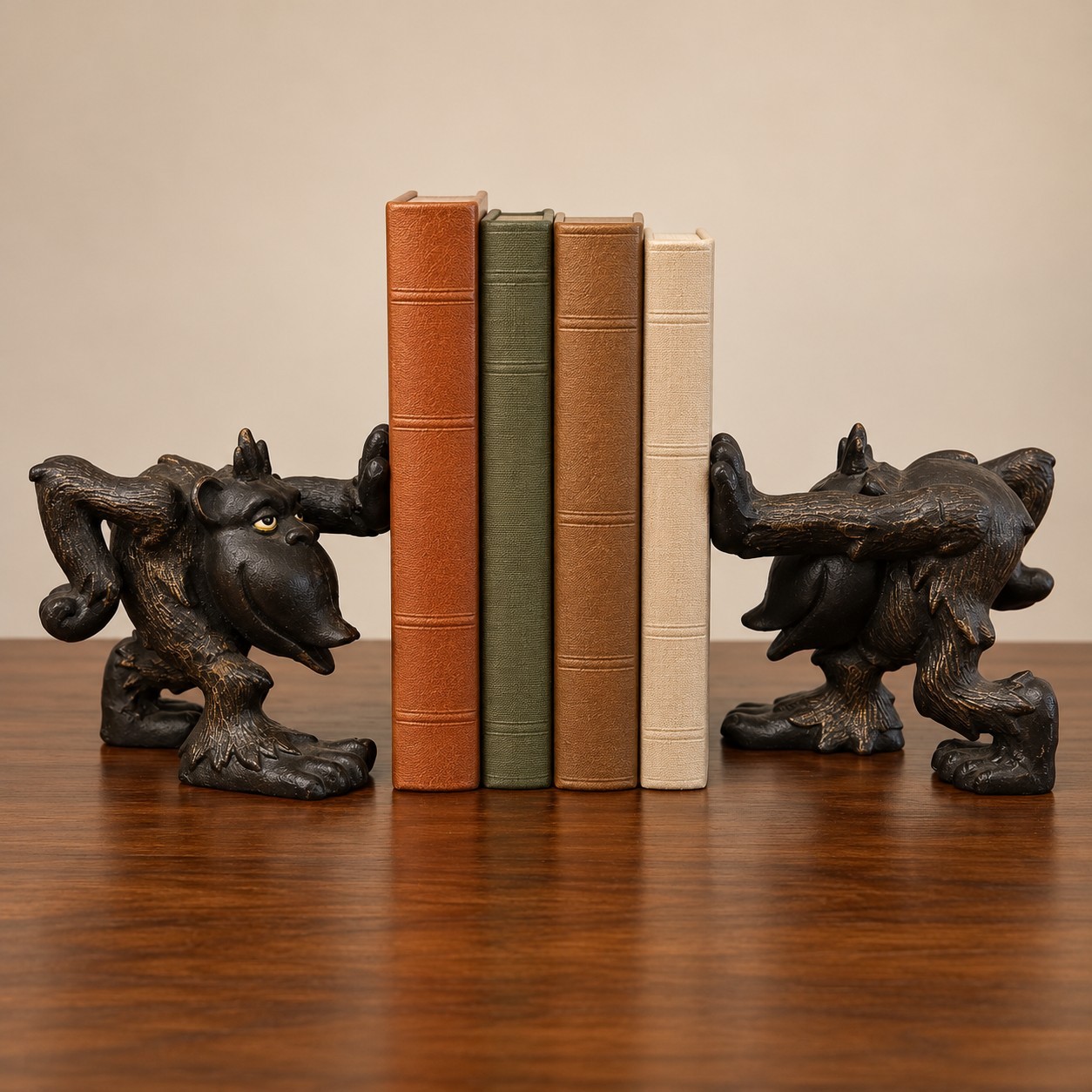 Vintage Heavy Cast Metal Goofy Gorilla Bookend Pair