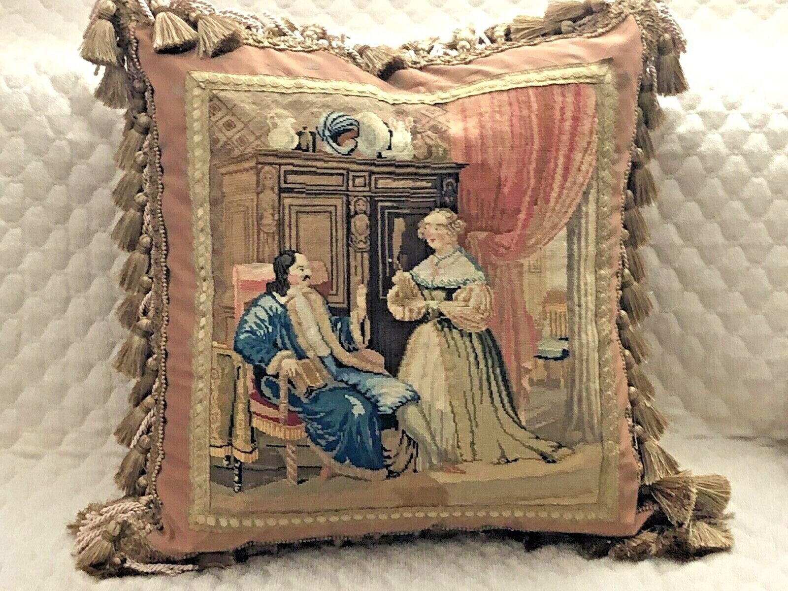  Antique 19th c Romantic needlepoint petitpoint tapestry couple PILLOW 22x 22