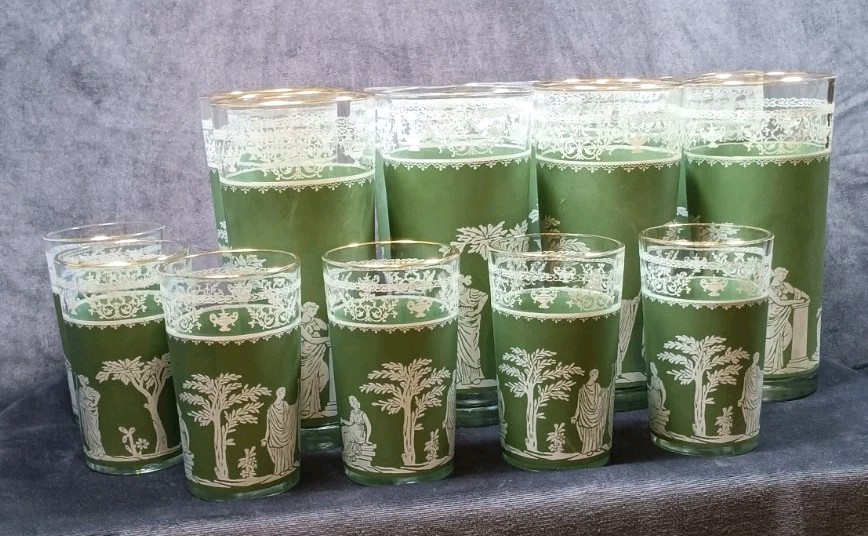 VTG Jeannette Green Hellenic Wedgewood  Glasses Set Of 8 Drinking & 6 Juice  