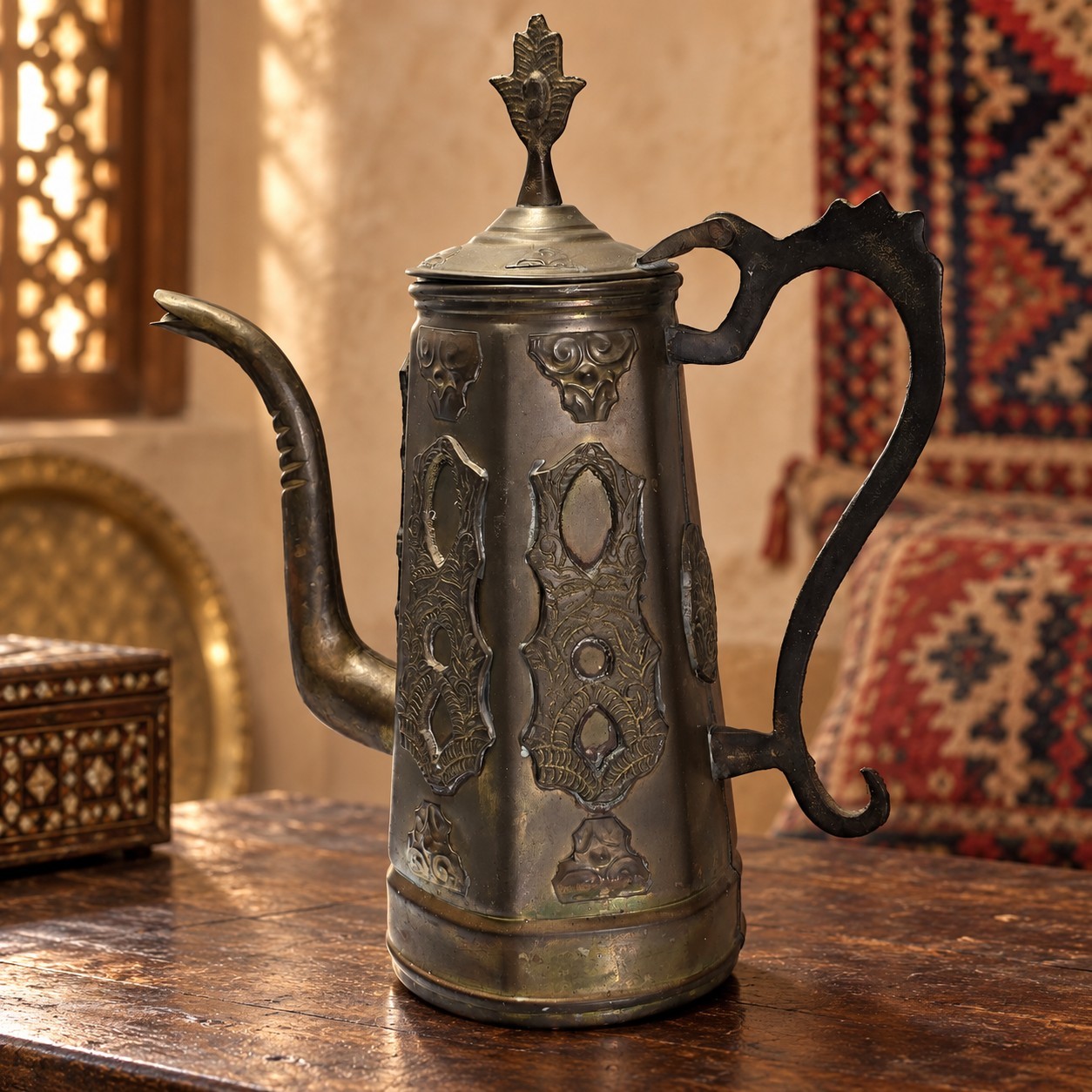 Vintage Moroccan Style Brass Coffee Pot Hamsa Finial Hinged Lid Long Spout Decor
