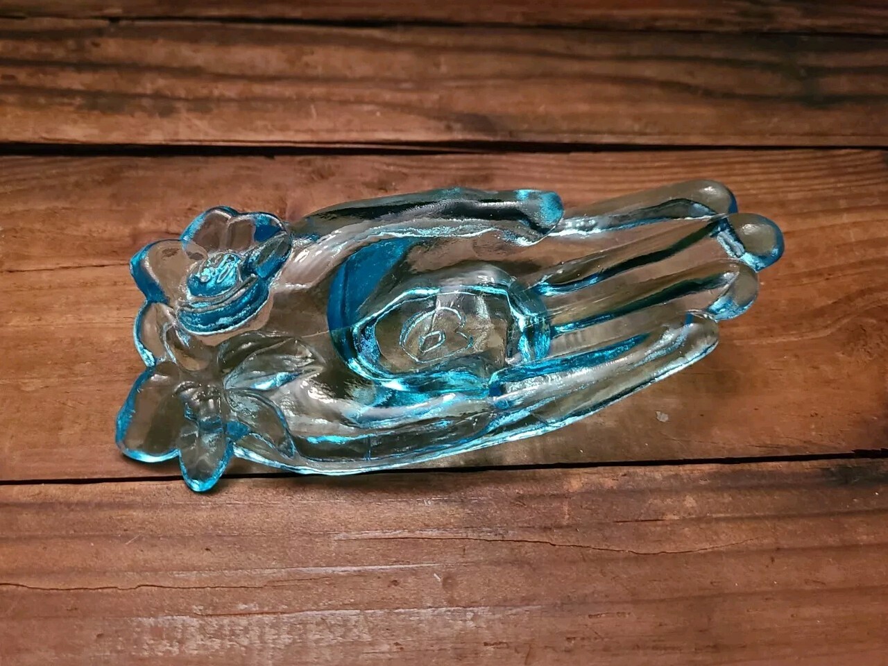 Vtg Degenhart Aqua Blue Uranium Glass Open Hand Trinket Dish Ring UV Glow EVC