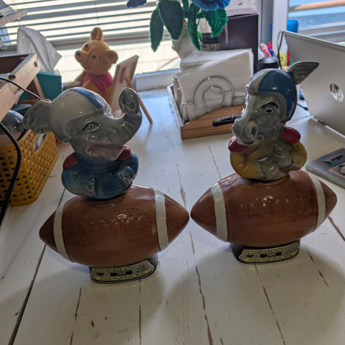 Vintage 1972 Jim Beam Political Football Decanters Pair Elephant & Donkey Set