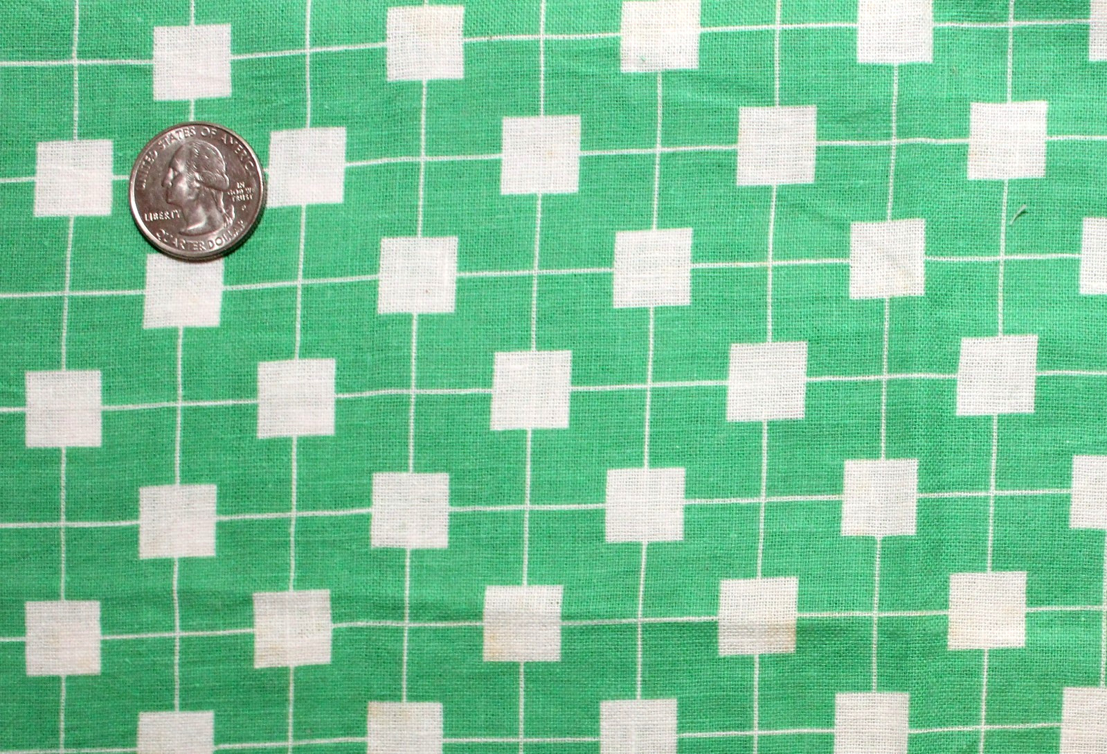 Antique Vtg Unopened Feedsack Quilt Fabric White Boxes on Green Background