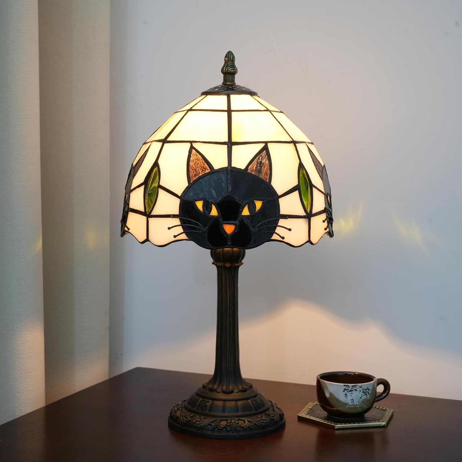 Tiffany Style Black Cat Stained Glass Table Lamp Cute Small Quirky Table Lamp