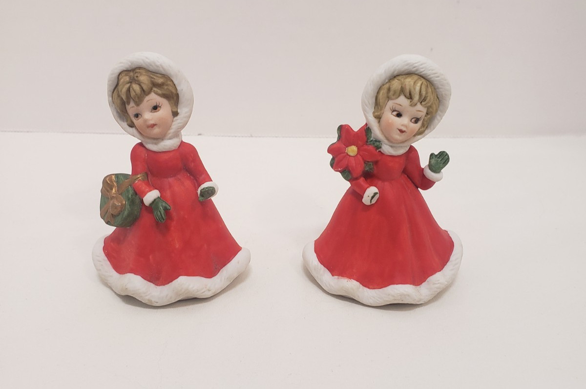 VTG Lefton Christmas Girl w/Poinsettia 8283 & Girl w/Package Shopper 8283