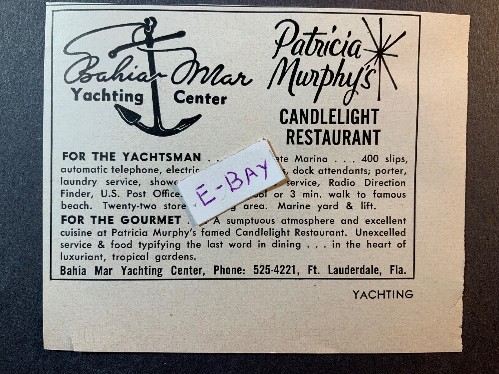 1962 Ad. Bahia Mar Yachting Center. Patricia Murphy's Candelight Restaurant
