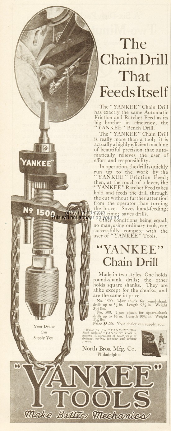 1919 Yankee Tools Chain Drill No 1500 North Bros Mfg Co Vintage Tool Print Ad