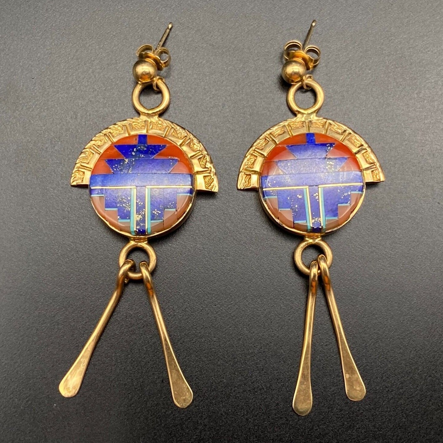 Vintage Zuni Native Turquoise Lapis Coral Native 14K Gold Dangle Earrings
