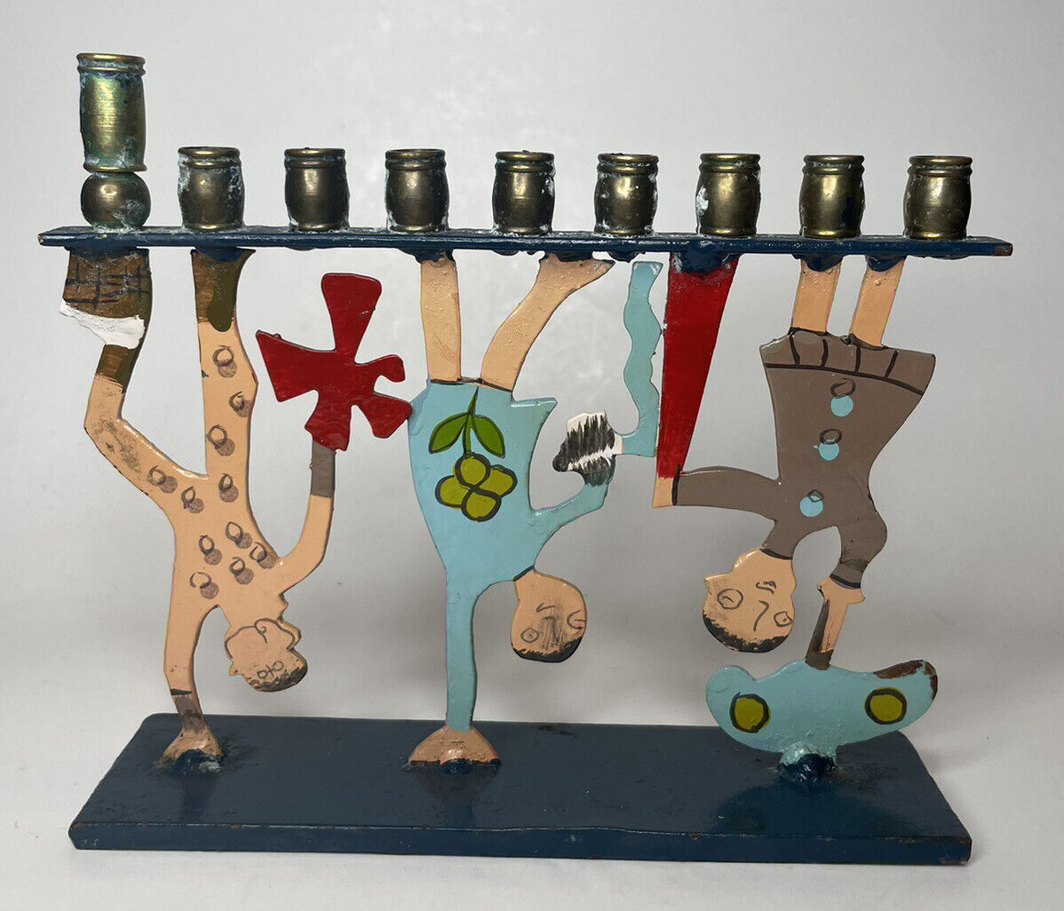 Hanukkah Menorah Candle Holder Whimsical Kids Doing Handstands Metal Painted 