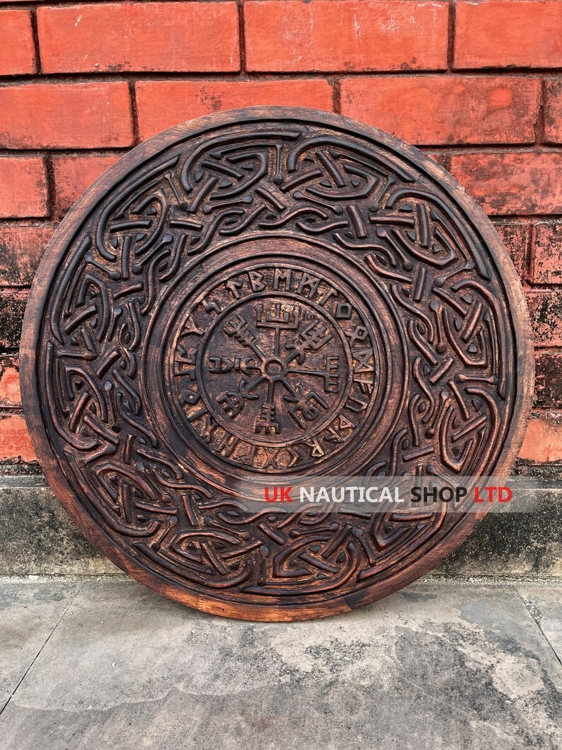Stylish & Unique Brown Hand Painted Engraved Solid Wooden Viking Shield Cosplay