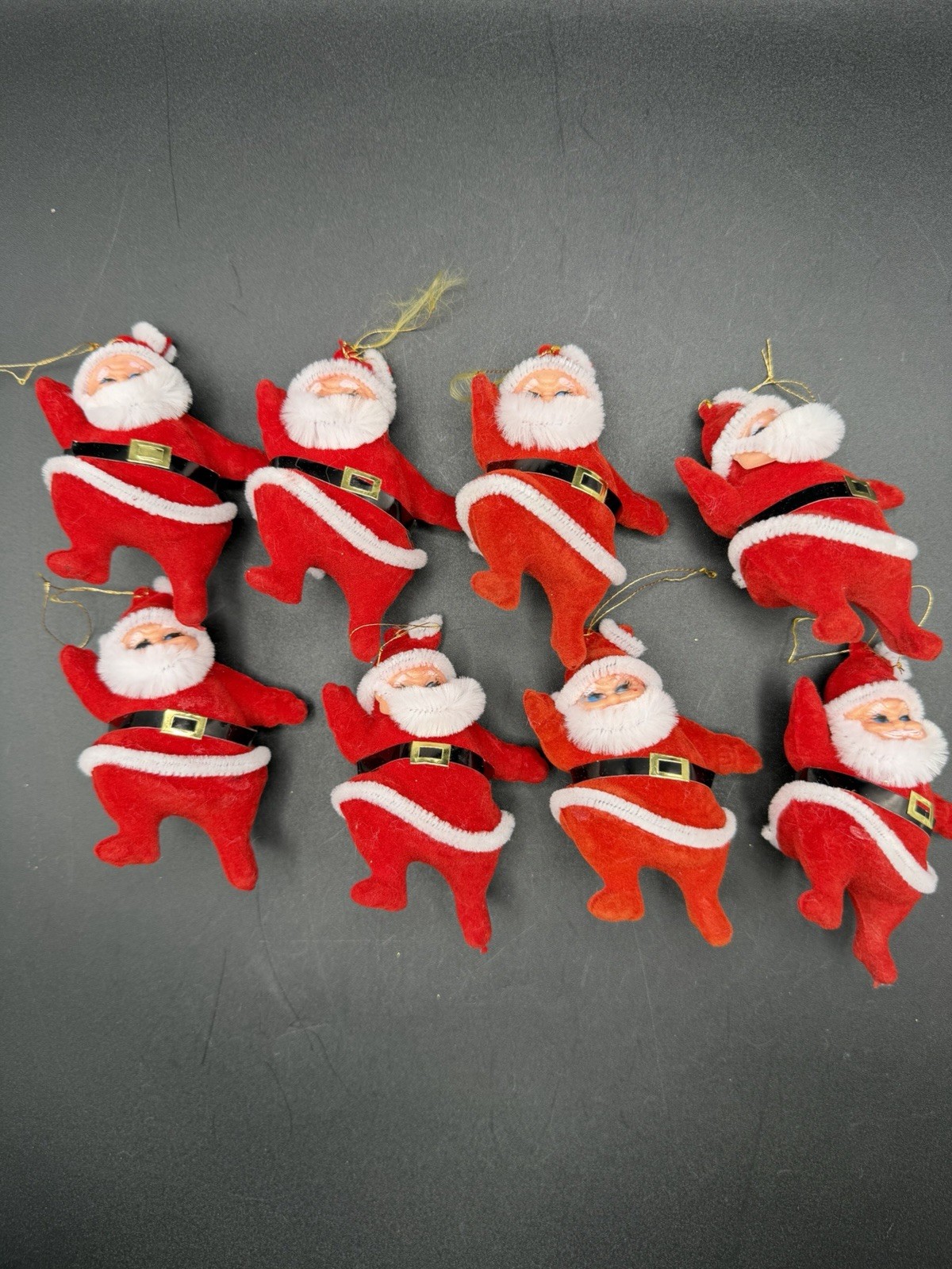 Vintage LOT 8 Flocked Plastic Jolly Dancing Santa Christmas Ornaments