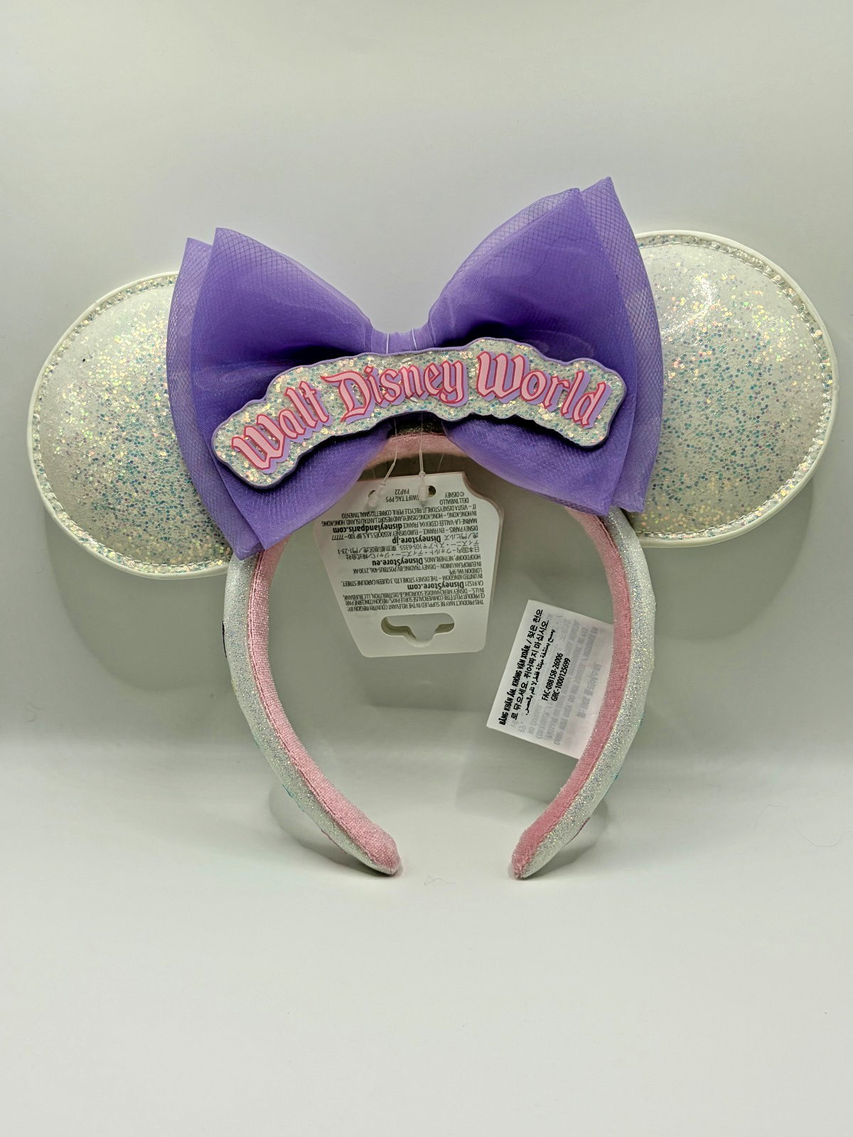 BNWT  Walt Disney World Minnie Mouse Ears Headband Glitter White Pink & Lavender