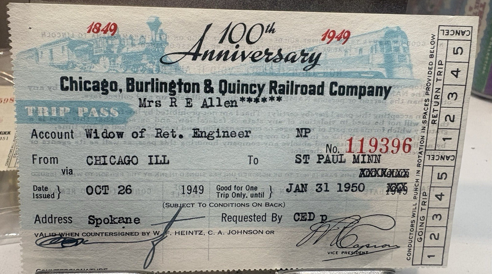 1949 CB&Q Burlington Route 100th Anniversary Railroad Trip Pass Centennial 